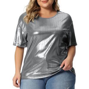 Plus Size Blouse Metallic Round Neck Short Sleeve T-Shirt Party Tee Tops Silver